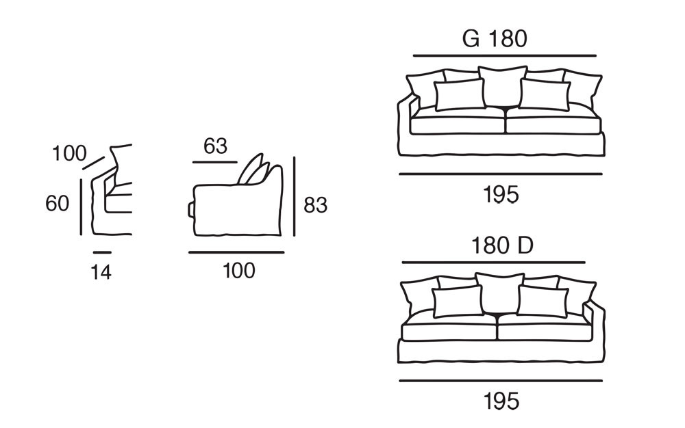 L/R Arm 3 Seats Sofa 195 cm | 3 Seater