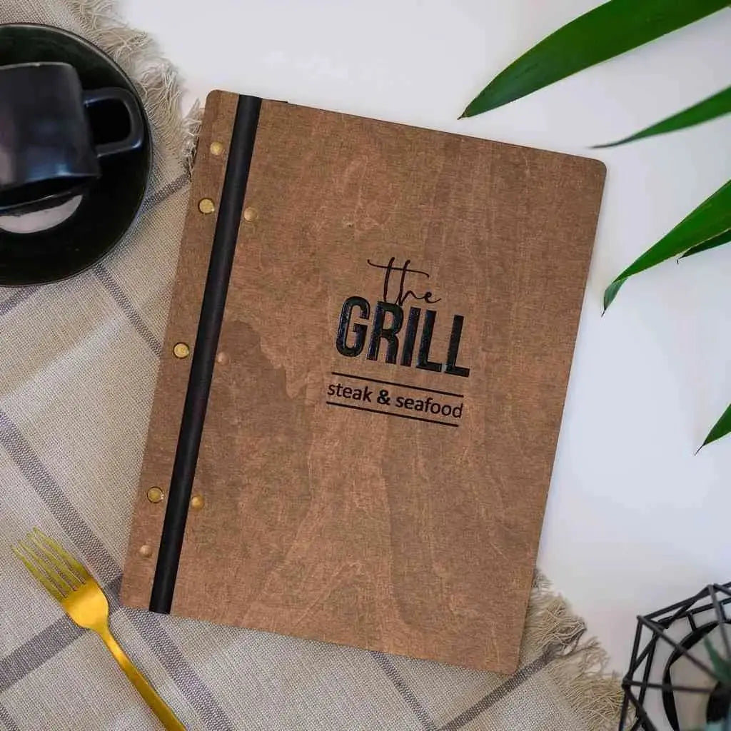 Wooden Menu Cover fastened on Leather Strap (M01A2) - Cypress | Wooden Menu Covers
