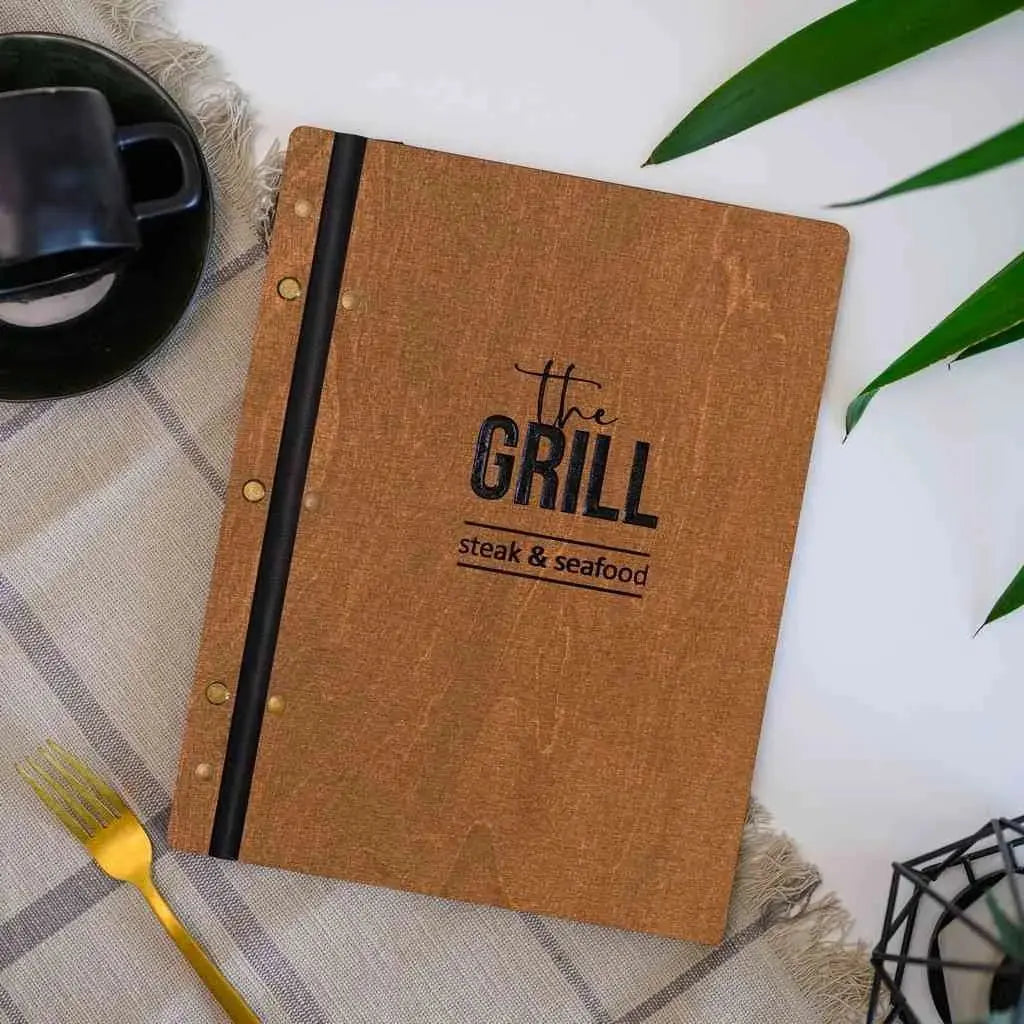 Wooden Menu Cover fastened on Leather Strap (M01A2) - Walnut | Wooden Menu Covers