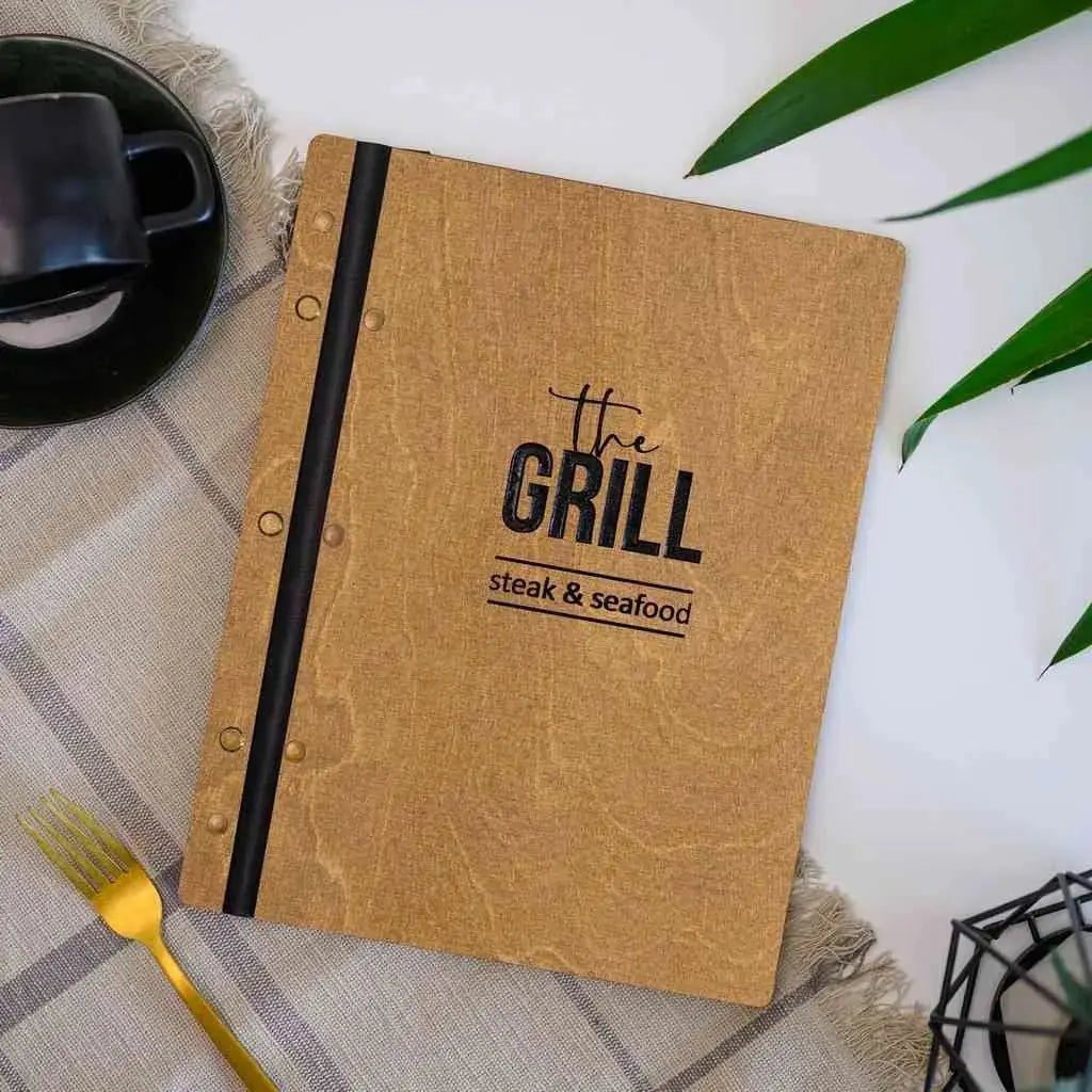 Wooden Menu Cover fastened on Leather Strap (M01A2) - Oak | Wooden Menu Covers