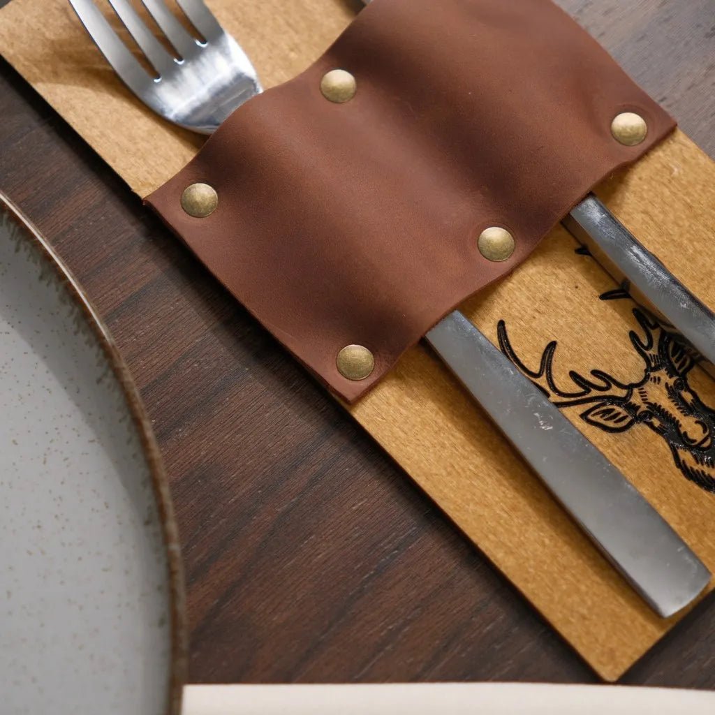 Wooden Cutlery Holder with Leather Holder (CHW08) | Cutlery Holders