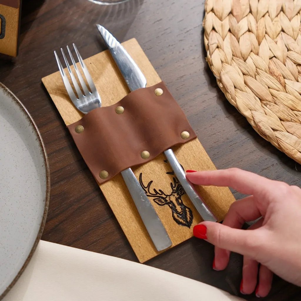 Wooden Cutlery Holder with Leather Holder (CHW08) | Cutlery Holders