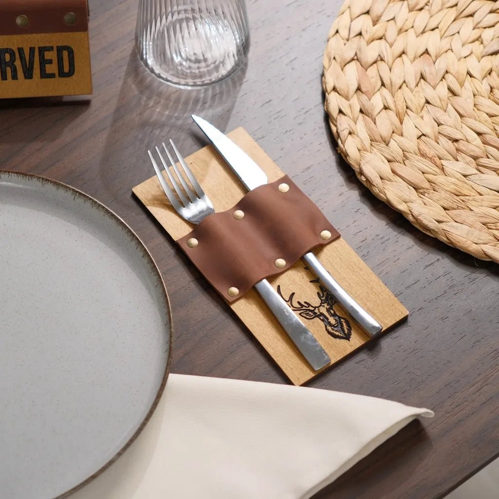 Wooden Cutlery Holder with Leather Holder (CHW08) | Cutlery Holders