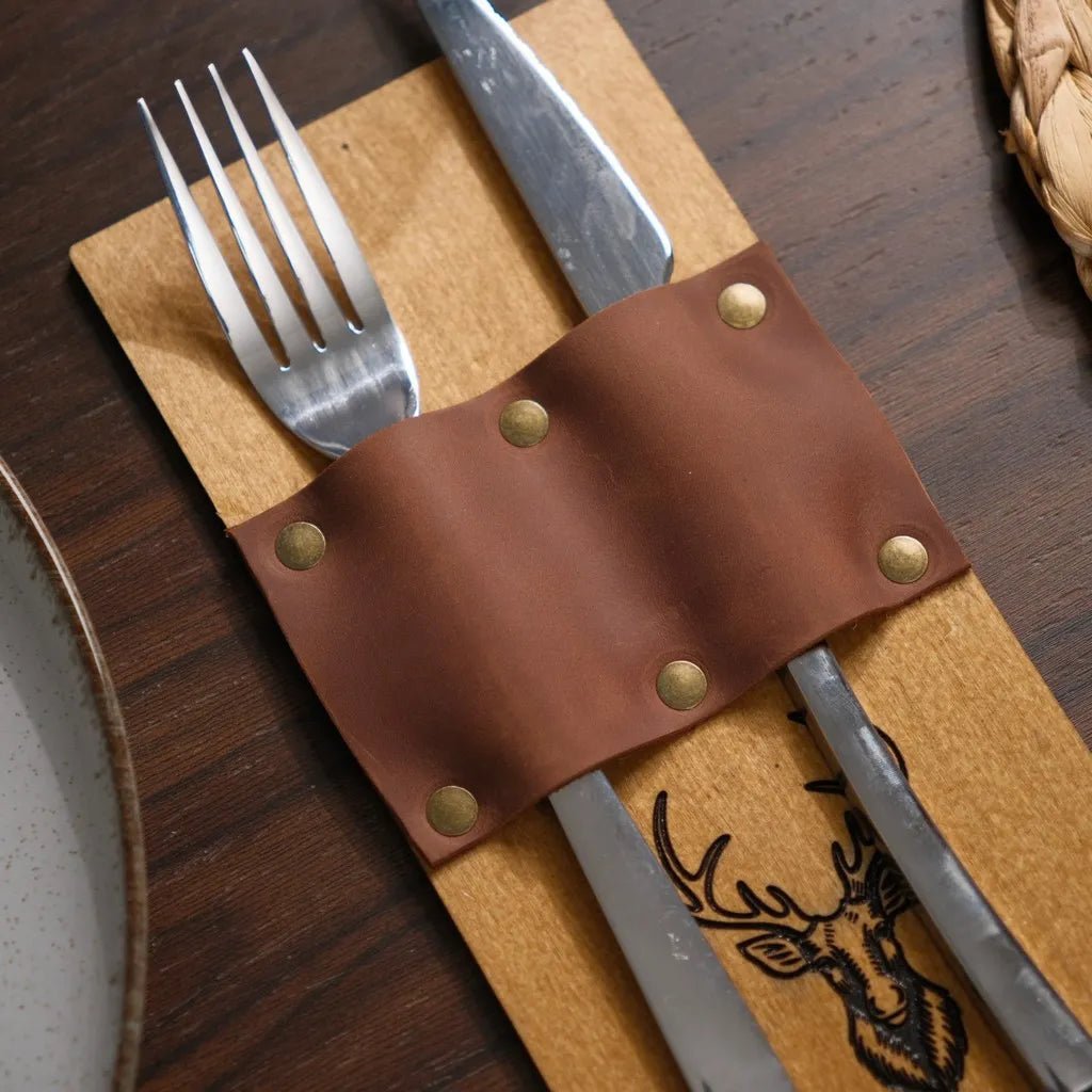 Wooden Cutlery Holder with Leather Holder (CHW08) | Cutlery Holders