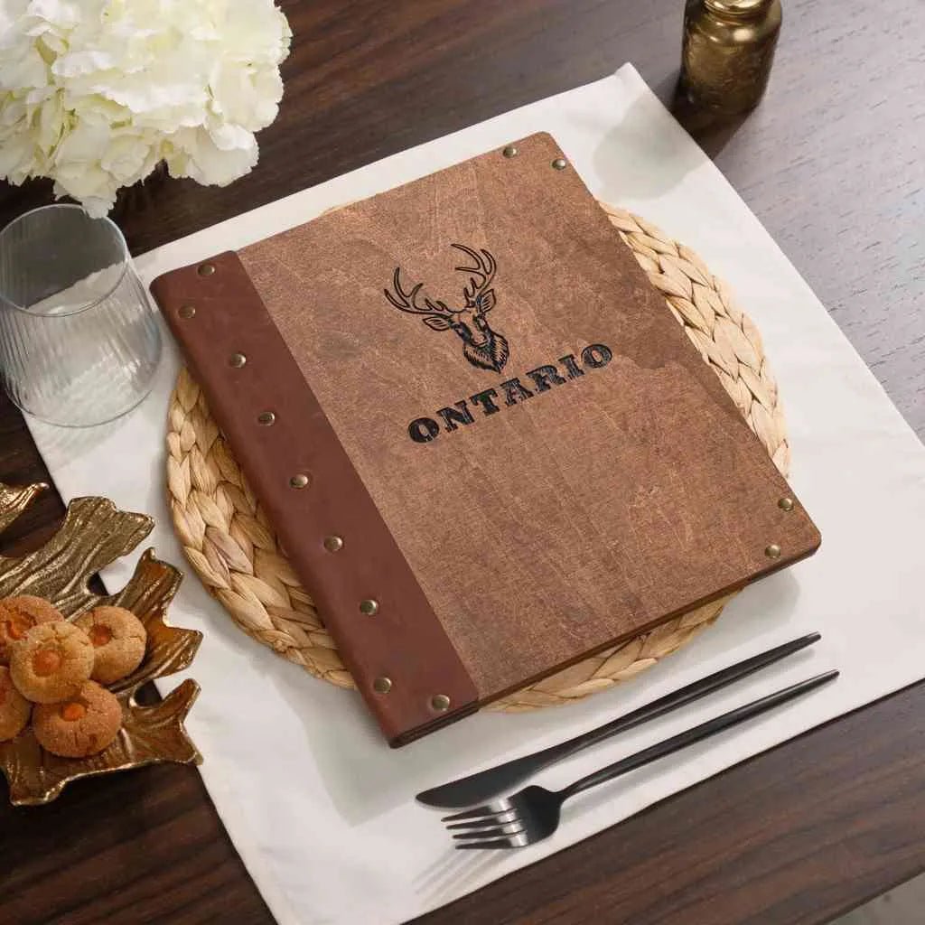 Wooden Menu Cover with Leather Spine (M06A5) | Menu Holder