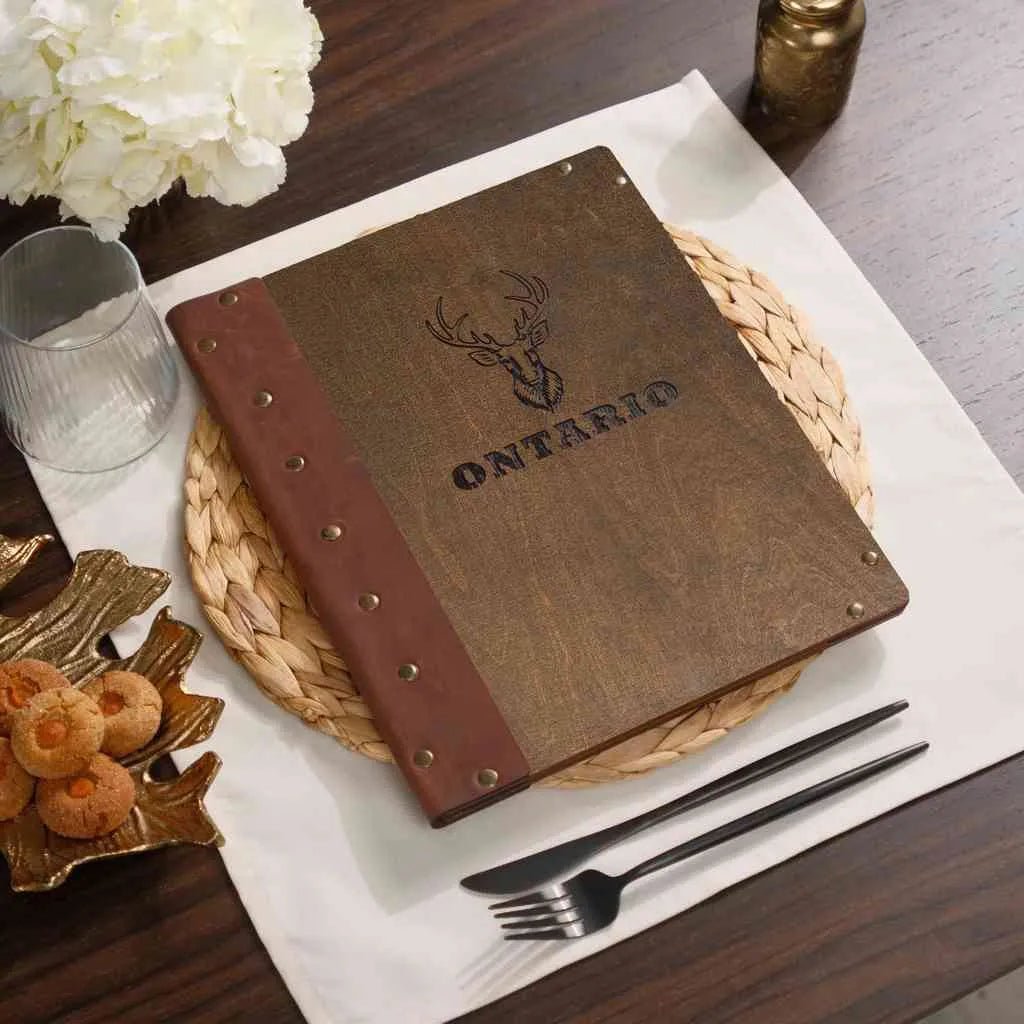 Wooden Menu Cover with Leather Spine (M06A5) | Menu Holder