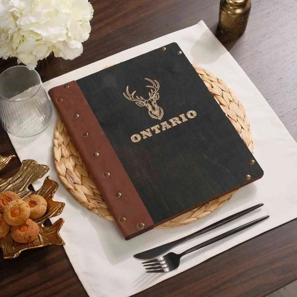 Wooden Menu Cover with Leather Spine (M06A5) | Menu Holder