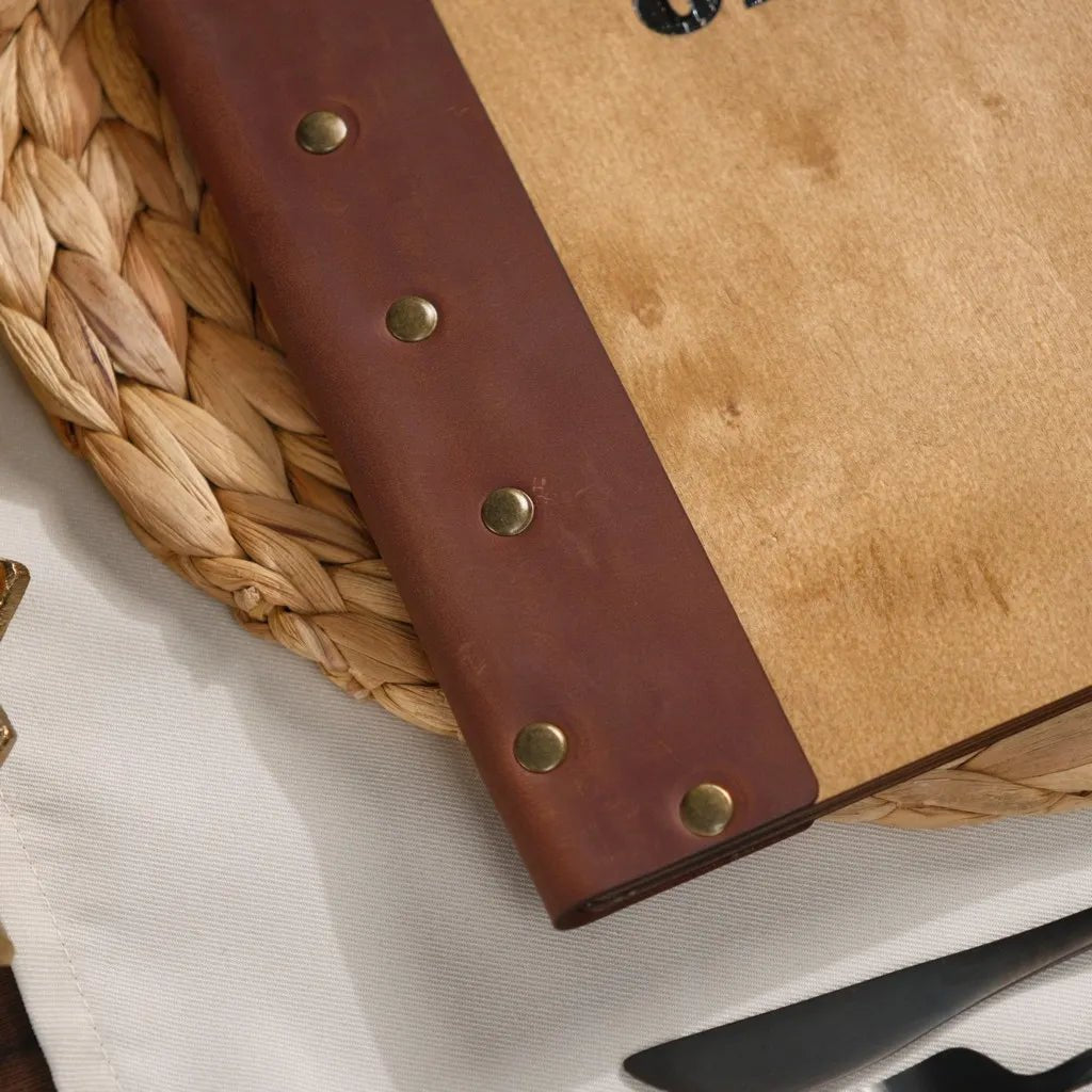 Wooden Menu Cover with Leather Spine (M06A5) | Menu Holder