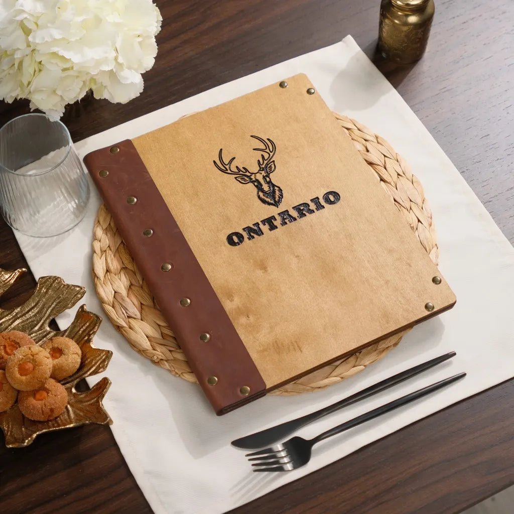 Wooden Menu Cover with Leather Spine (M06A5) | Menu Holder