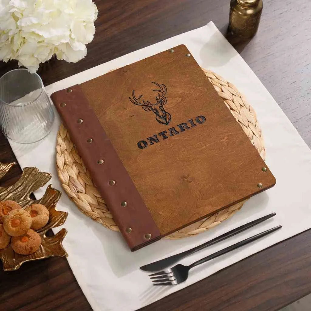 Wooden Menu Cover with Leather Spine (M06A5) | Menu Holder