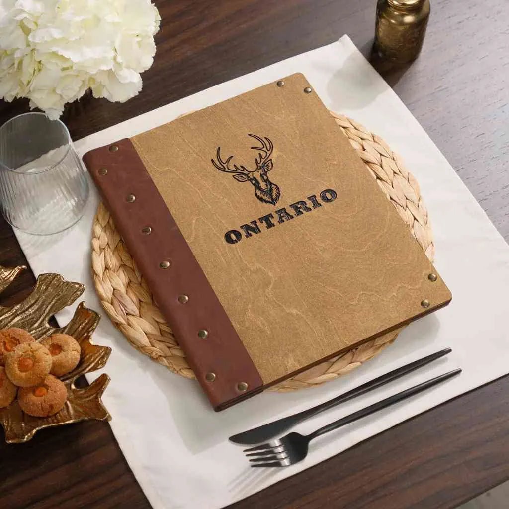 Wooden Menu Cover with Leather Spine (M06A5) | Menu Holder
